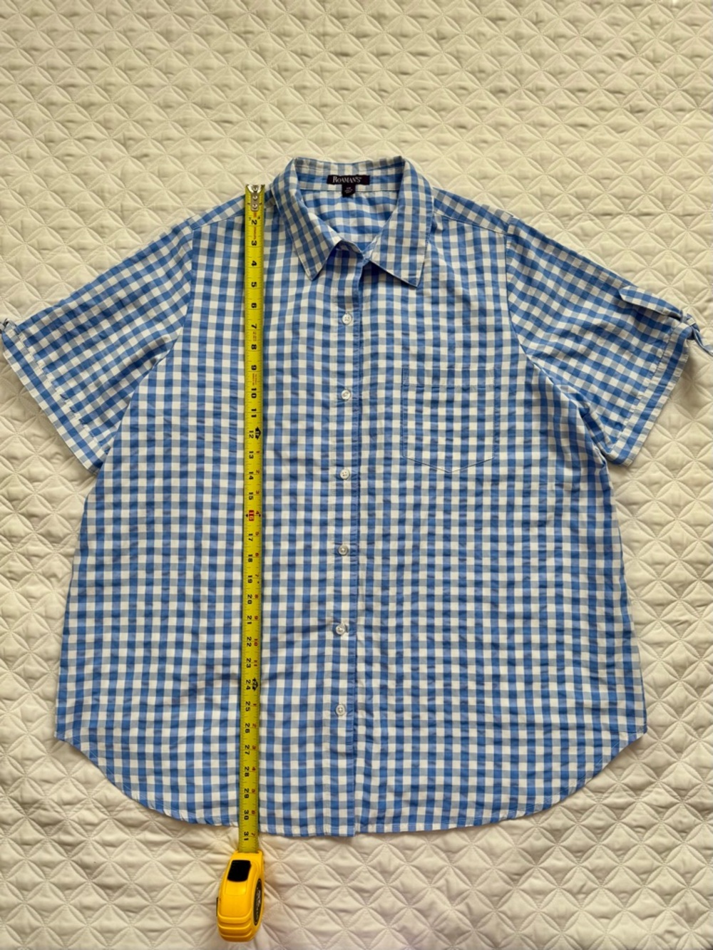 Roaman's Blue White Gingham Check Button-Down Tie Short Sleeve Shirt Size 18W - Picture 4 of 15